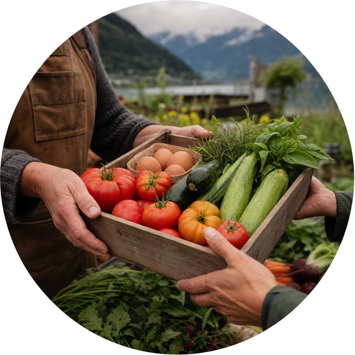 Hands holding a crate of just-picked vegetables and eggs near Kootenay Lake