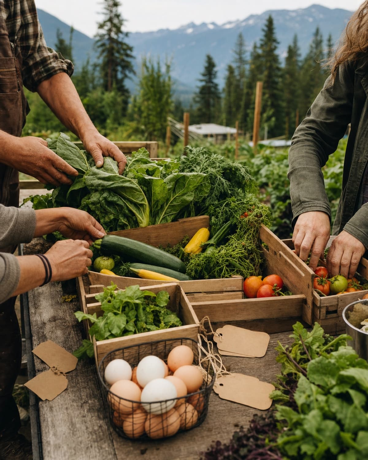 People sorting vegetables on a farm-stand table in a Kootenay garden